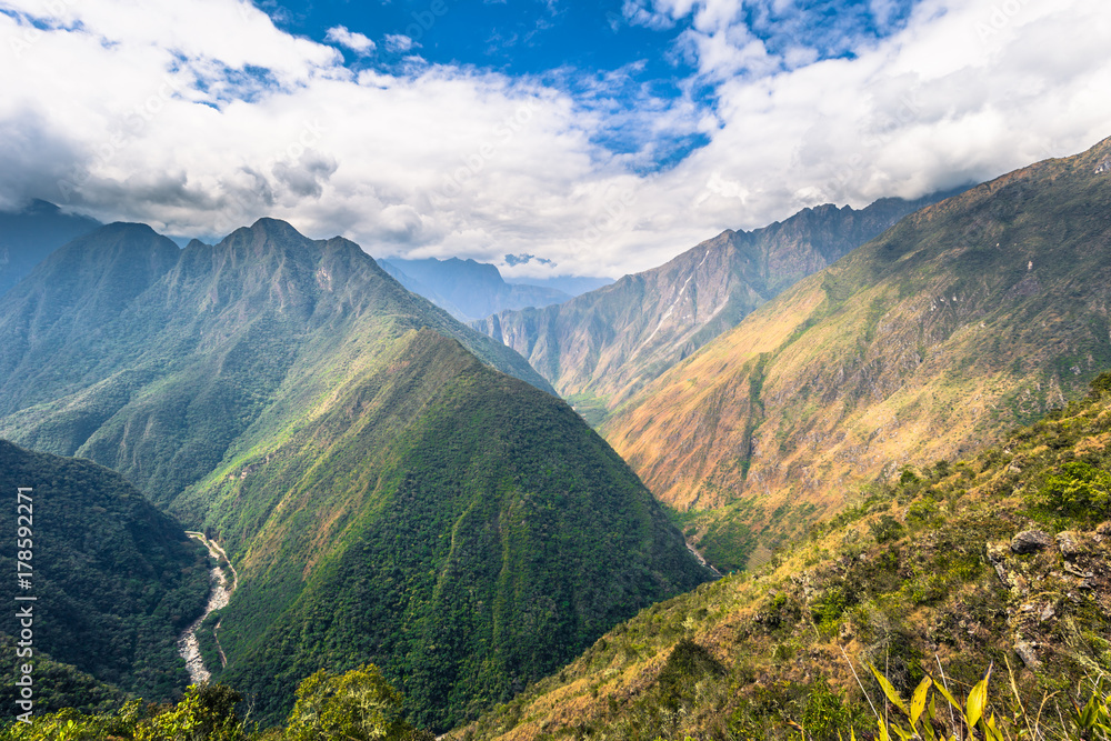 Inca Trail, Peru - August 03, 2017: Wild landscape of the Inca Trail, Peru