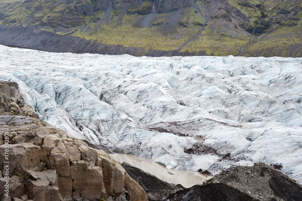 Naklejka premium Hiking in Skaftafell, typical Icelandic landscape, a wild nature of rocks and shrubs, rivers and lakes.