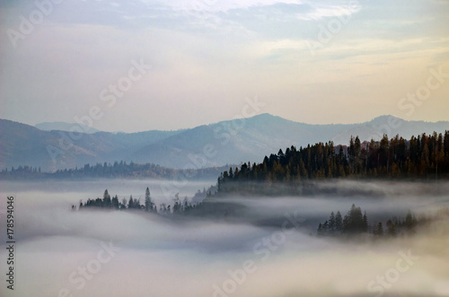 Foggy morning in the Ukrainian Carpathian Mountains in the autumn season