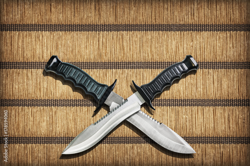 Fotografija Two Crossed Blades Tactical Combat Hunting Survival Sawback Bowie Knives Set On