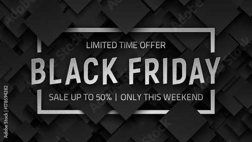 Black Friday Sale Vector Background Design Template. Silver Metal 3D Text Lettering and Frame on Dark Gray Abstract Backdrop. End of November Weekend Illustration