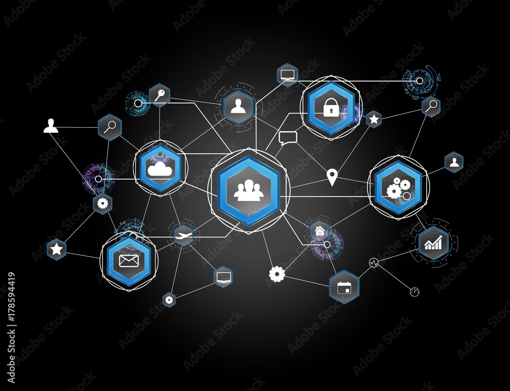 International business network connection displayed on a futuristic interface with technology icon and sphere globe - Worldwide business concept