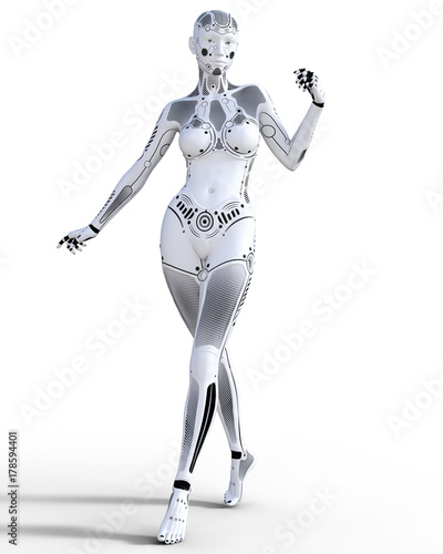 Robot woman. White metal droid. Artificial Intelligence. Conceptual fashion art. Realistic 3D render illustration. Studio, isolate, high key.