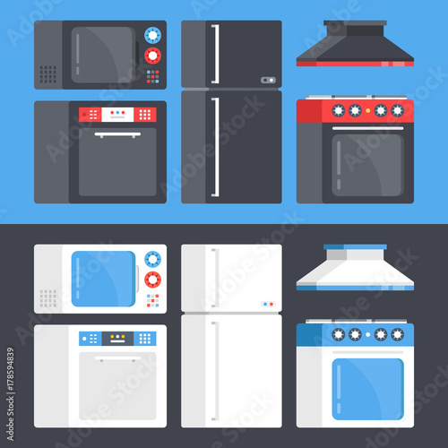 Kitchen appliances set. Microwave oven, dishwasher, refrigerator, electric range, cooker hood. Flat design. Black and white style concepts. Modern graphic elements. Vector illustration