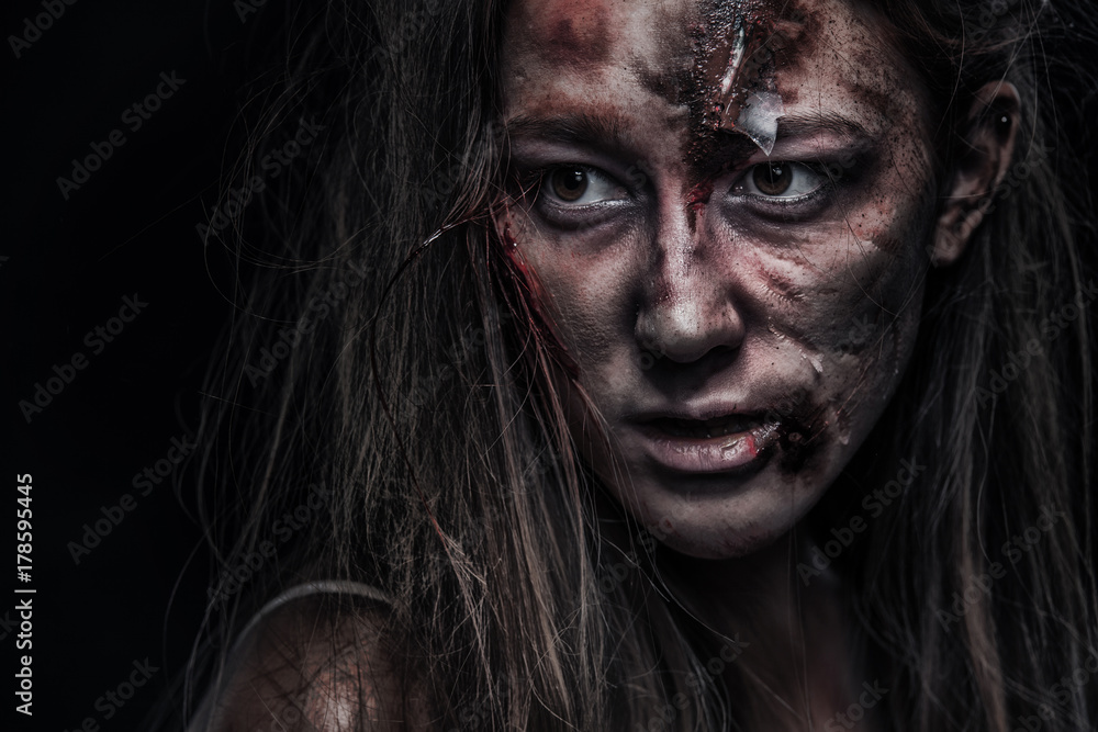 Zombie woman, Horror background for halloween concept and book cover. Copy space. Zombie woman, Horror background for halloween concept and book cover. Copy space.