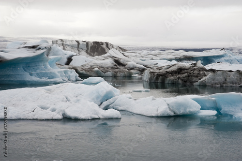 Panoramic Jokulsarlon, Typical Icelandic landscape, a wild nature of seals and icebergs, rocks and water. © RiCi