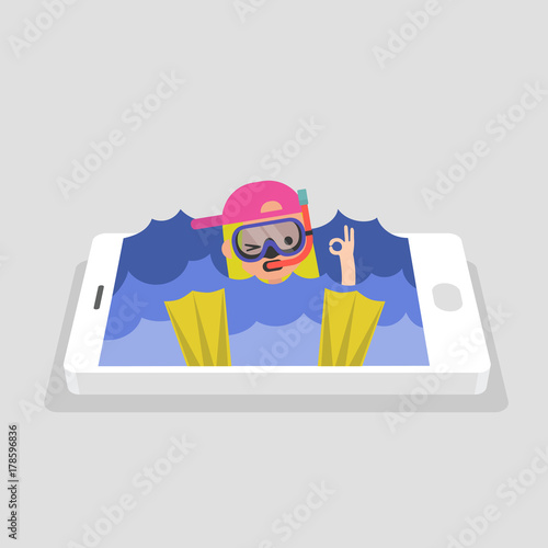 Millennial generation, conceptual illustration. Young character wearing a mask, tube and flippers in a swimming pool. Advanced user of the new technologies. Scuba diving. Snorkeling. Internet diving.