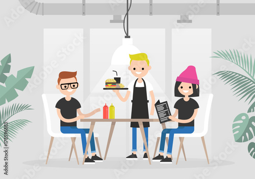 Restaurant visitors. Lunch time. Eating together. Two young characters being served by a waiter in a restaurant / flat editable vector illustration, clip art