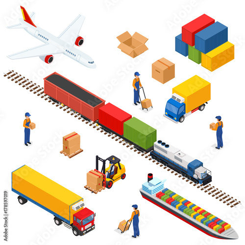 Isometric Logistics composition of different transportation distribution vehicles, delivery elements. Air cargo trucking, rail transportation, maritime shipping. 3D illustration.