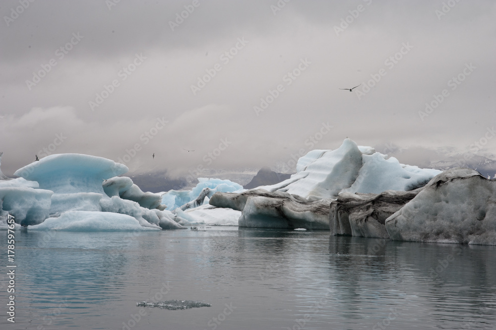Panoramic Jokulsarlon, Typical Icelandic landscape, a wild nature of seals and icebergs, rocks and water.