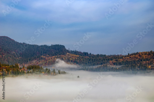 Fototapeta Naklejka Na Ścianę i Meble -  Foggy morning in the Ukrainian Carpathian Mountains in the autumn season