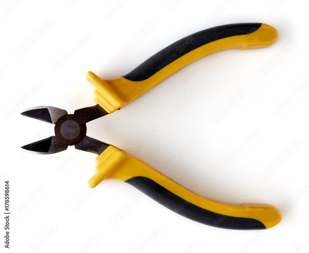 Used cutting pliers isolated on white, from above, open Used cutting pliers isolated on white, from above, open