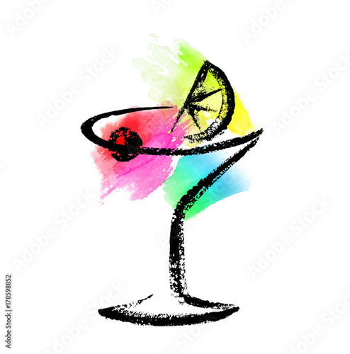 Sketch of cocktail glass on a watercolor splash background.
