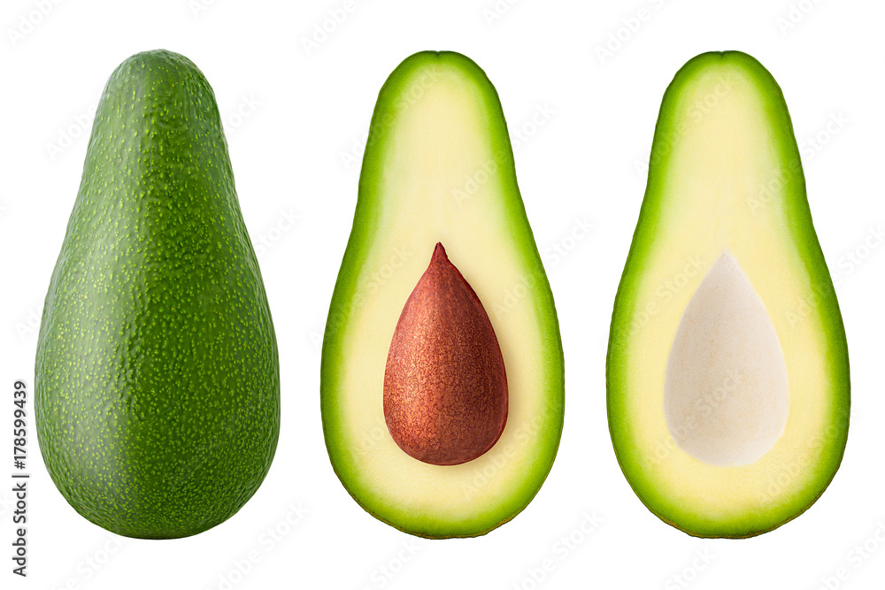 avocado cut in half, seed, clipping path, isolated on white background, full depth of field, high quality avocado cut in half, seed, clipping path, isolated on white background, full depth of field, high quality