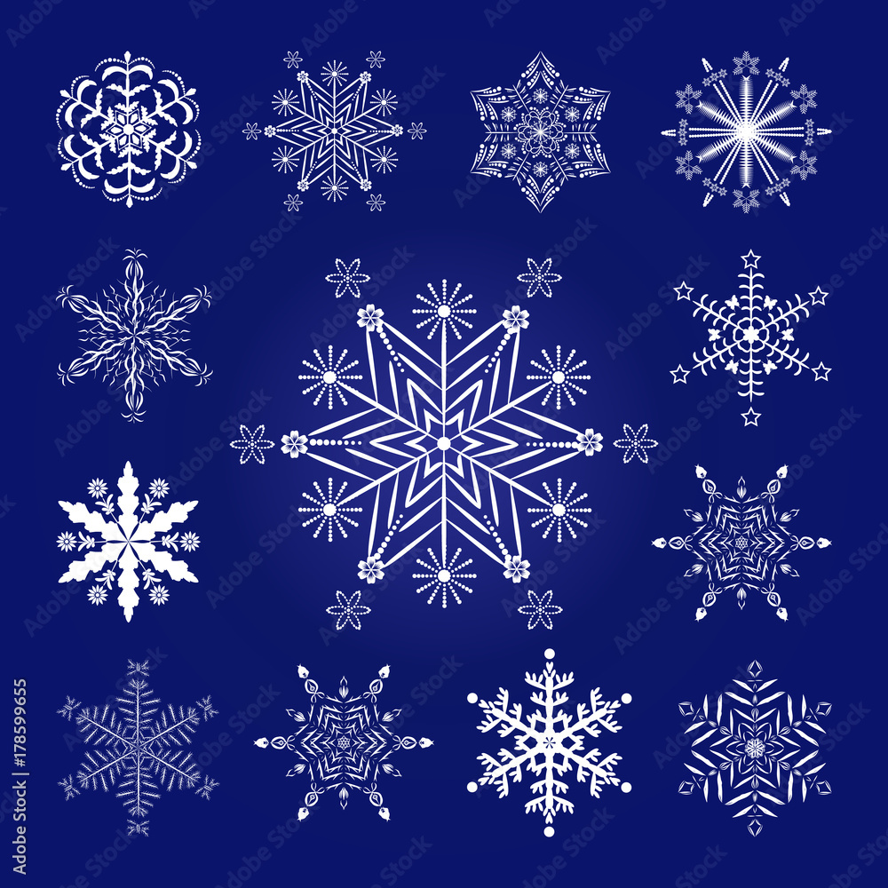 Set of New Year decorative snowflakes on a blue background Set of New Year decorative snowflakes on a blue background