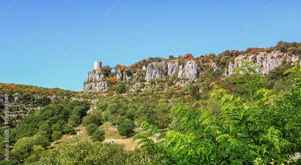 Tower near the village of Balazuc in the Ardeche region of France