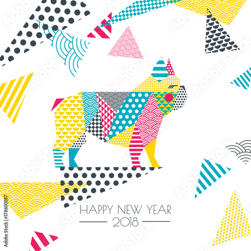 Vector color illustration of french bulldog dog with patchwork geometric triangle texture. Creative New Year greeting card, poster, banner design elements. Chinese calendar decoration.