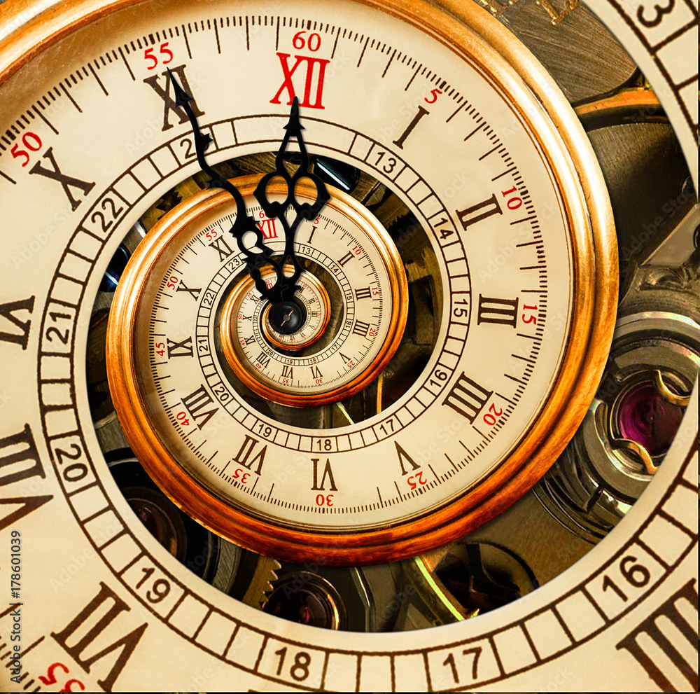 Abstract New Year clock. Christmas time. New Year 2018 postcard. Antique old clock abstract fractal spiral. Watch clock abstract fractal pattern background poster post card. Few minutes to twelve. Abstract New Year clock. Christmas time. New Year 2018 postcard. Antique old clock abstract fractal spiral. Watch clock abstract fractal pattern background poster post card. Few minutes to twelve.