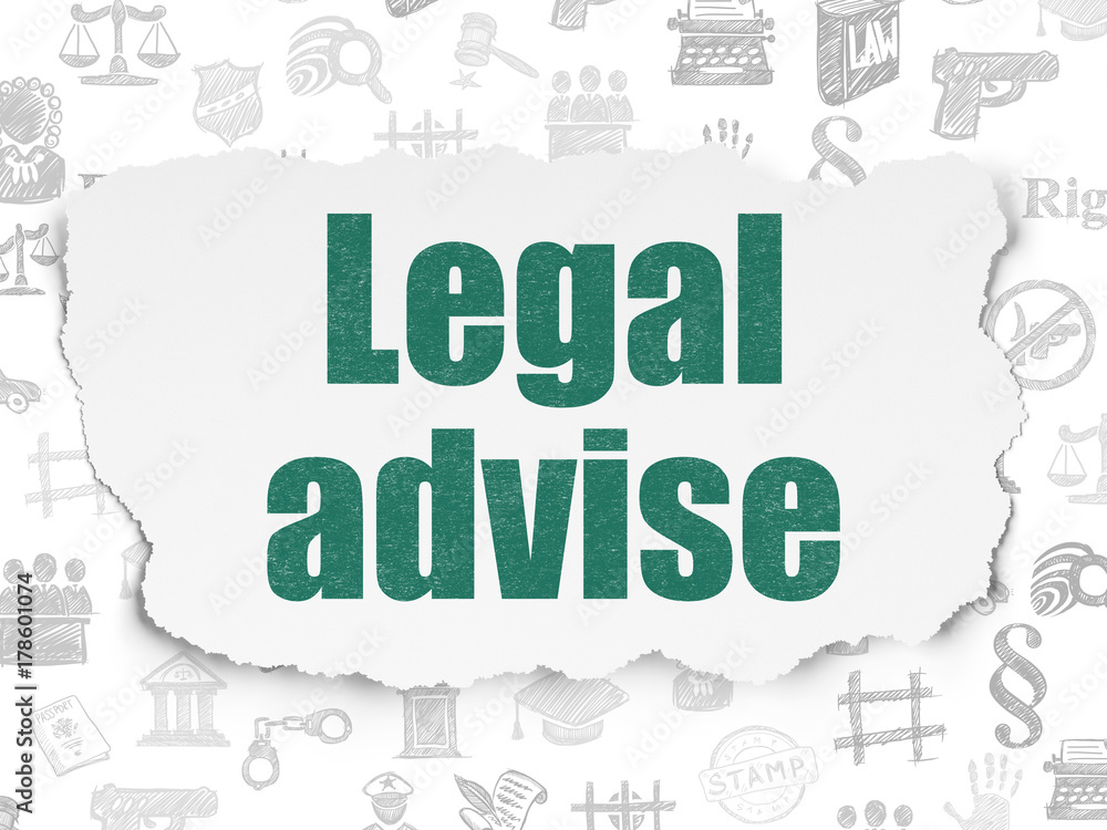 Law concept: Painted green text Legal Advise on Torn Paper background with  Hand Drawn Law Icons