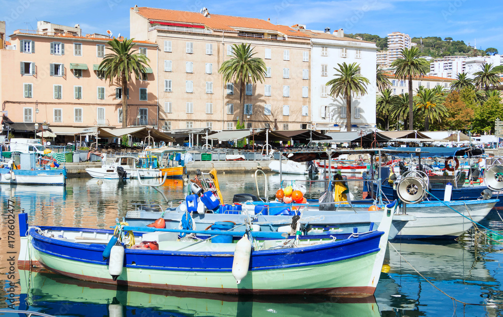 The colorful fishing boat in Ajaccio port, Corsica island.