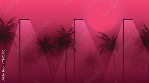 Beach Walkway at Night with Moonlight and Palm Trees  - Vector Illustration.