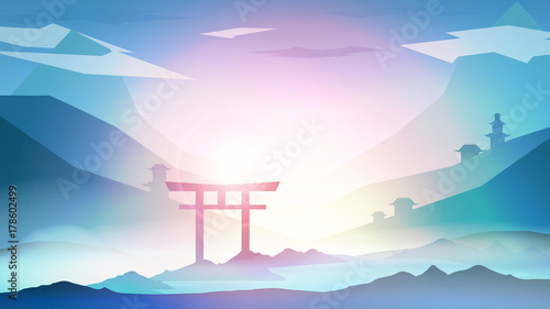 Japanese Landscape Background with Mountains and Arch Sunset with Fog  - Vector Illustration