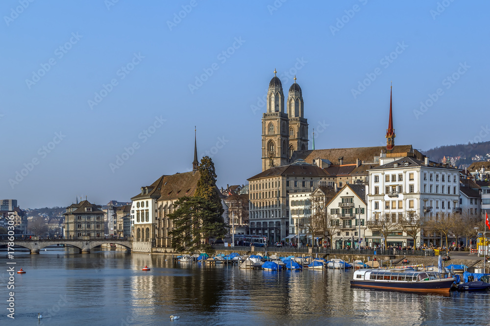 view of embankment of Limmat river, Zurich