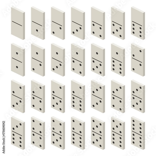 Isometric white domino full set. Classic game dominoes. Dominoes bones set 28 pieces Vector illustration