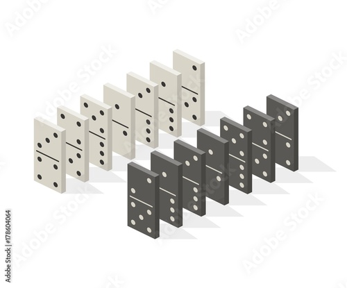 Row of white and black dominoes on white background. Concept of Domino effect. Vector illustration in flat isometric stile