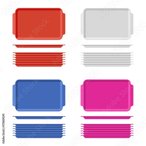 Plastic blank food tray set with handles. Rectangular kitchen salvers isolated on white background. Plastic tray for canteen illustration, top view plate rectangle stack. Vector illustration