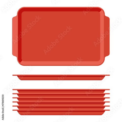 Red plastic blank food tray set with handles. Rectangular kitchen salvers isolated on white background. Plastic tray for canteen illustration, top view plate rectangle stack. Vector illustration