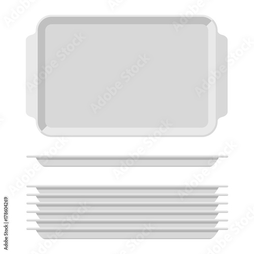White blank food tray set with handles. Rectangular kitchen salvers isolated on white background. Plastic tray for canteen illustration, top view plate rectangle stack. Vector illustration photo