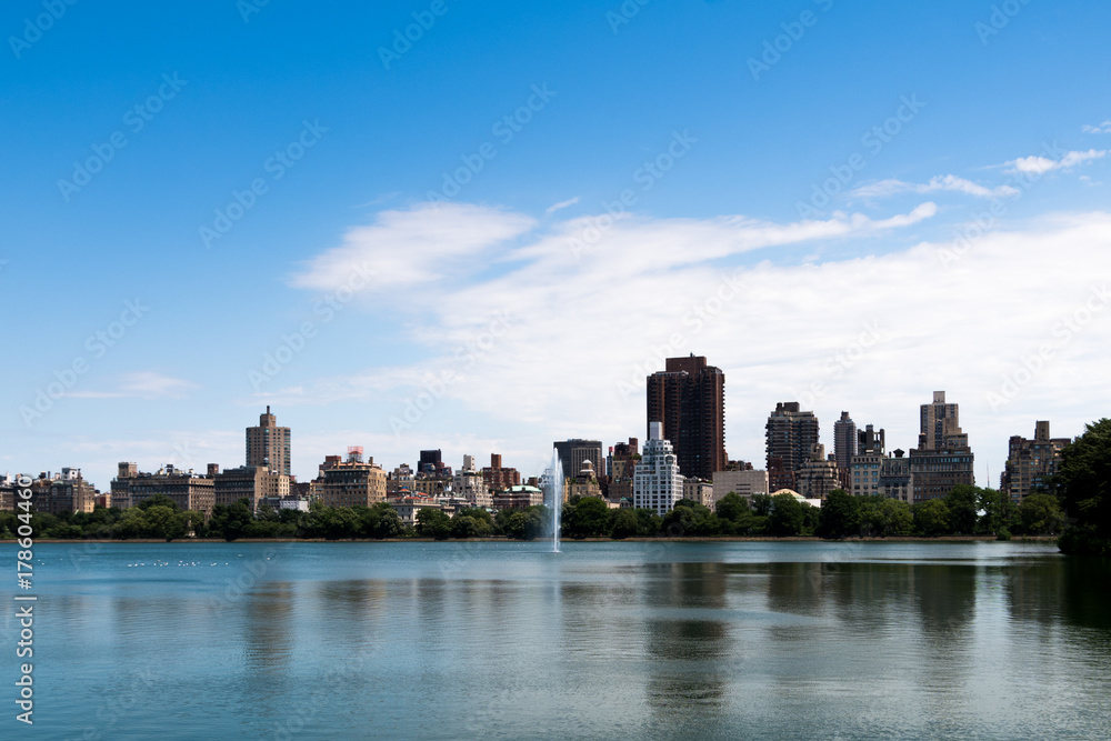 Panoramic photo of Manhattan skyline, skyscrappers, buildings.