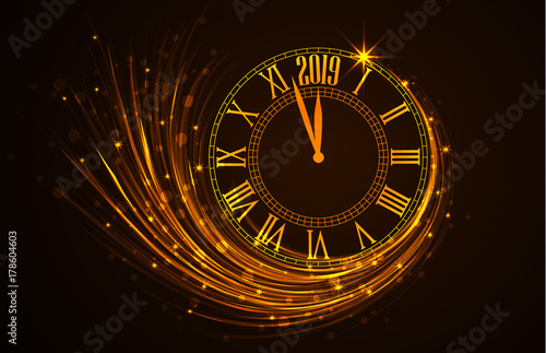 Happy New Year 2019, vector illustration Christmas background with clock showing year