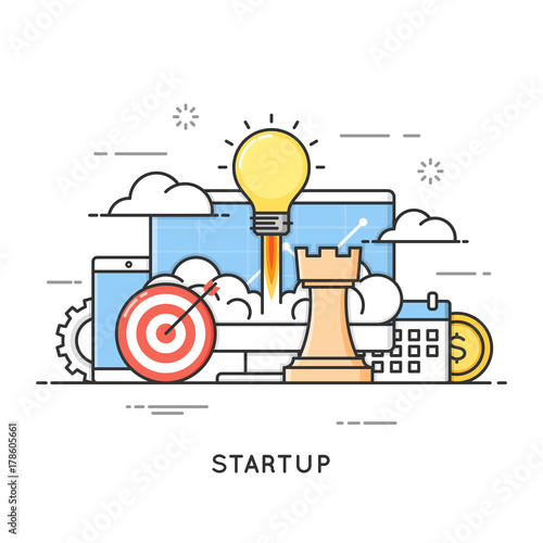 Startup, business project launch, new ideas. Flat line art style