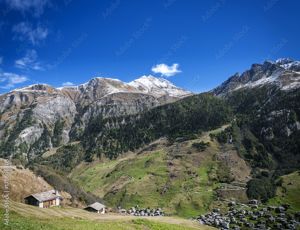 vals village alpine valley landscape in central alps switzerland