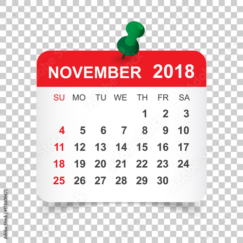 November 2018 calendar. Calendar sticker design template. Week starts on Sunday. Business vector illustration.