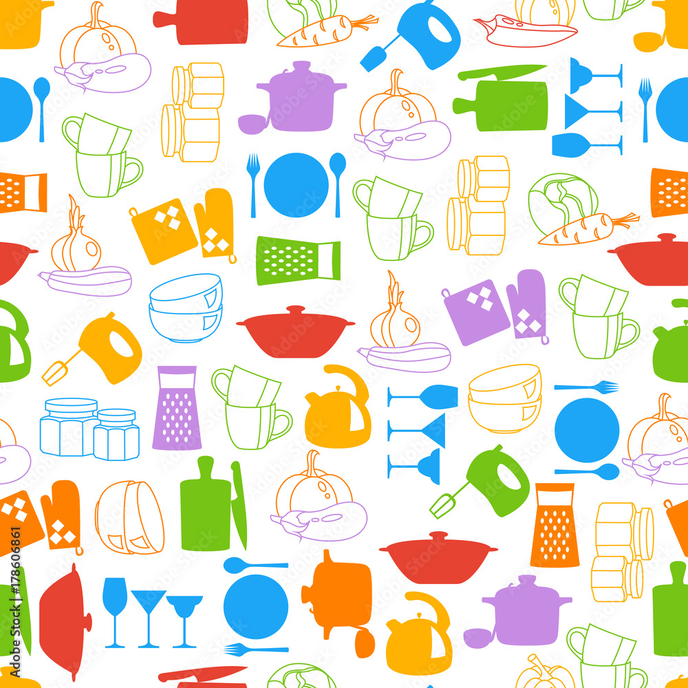 Vector seamless pattern with kitchenware and vegetables Vector seamless pattern with kitchenware and vegetables