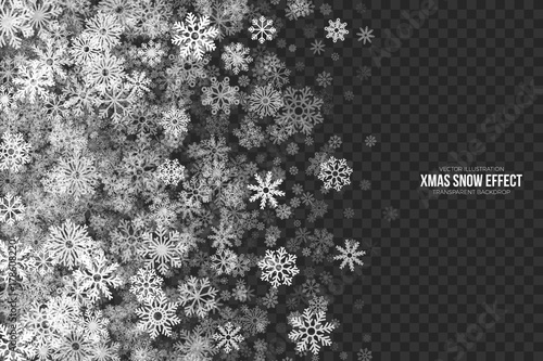 Vector Xmas Snow Effect with White Realistic Flying Snowflakes Overlay on Transparent Background. Merry Christmas Illustration. Winter Season Design Element