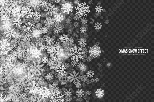 Vector Xmas Snow Effect with White Realistic Flying Snowflakes and Lights Overlay on Transparent Background. Merry Christmas Illustration. Winter Season Sale Design Element