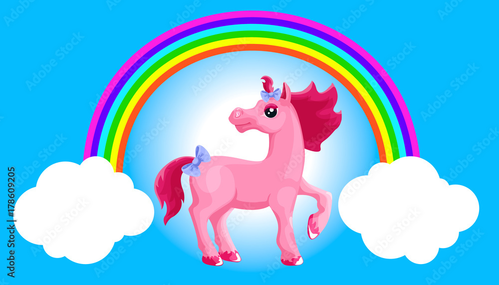 Pink horse in the arch of the rainbow and clouds on a blue background. Vector