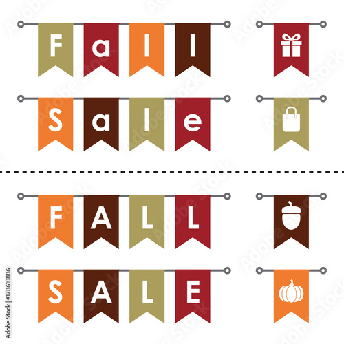 Bunting garland flags with fall sale text in upper and lower case lettering and autumn icons. Illustration of fall sale hanging flags isolated on white background.