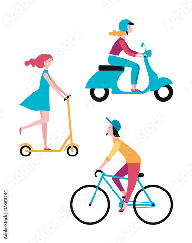 People_figure1/People on the street. Vector set of characters. A girl rides a scooter. A man rides a bicycle. Color image.