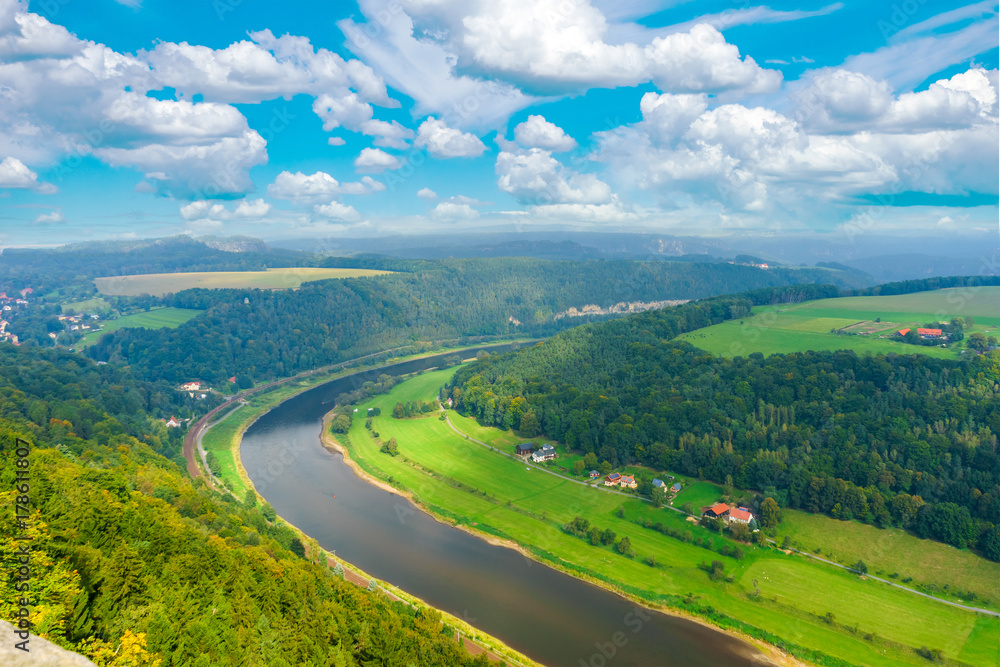 The Elbe River. Saxon Switzerland, Germany. View from the fortress of Koenigstein The Elbe River. Saxon Switzerland, Germany. View from the fortress of Koenigstein