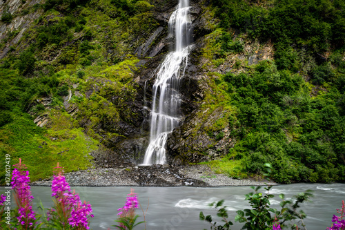 Long Exposure of Birdal Veil Falls waterfall in Alaska United St photo