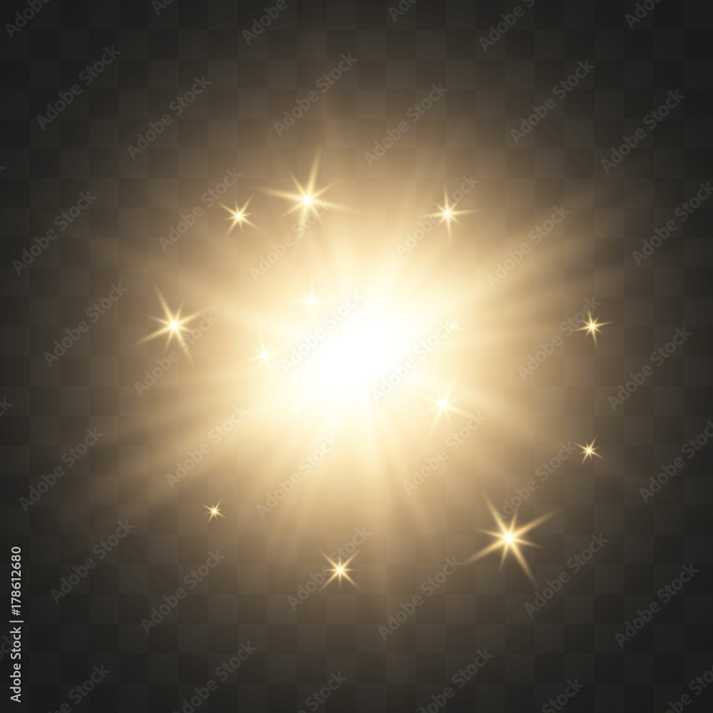 Yellow glow light lens effect sparkles on transparent background. Vector illustration. Yellow glow light lens effect sparkles on transparent background. Vector illustration.