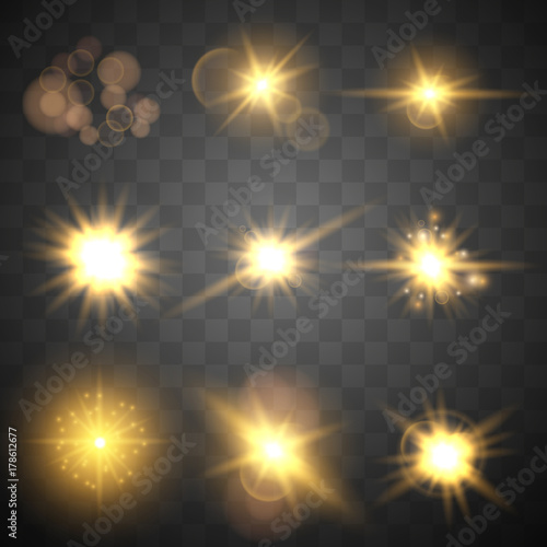 Set yellow glow light lens effect sparkles on transparent background. Vector illustration.