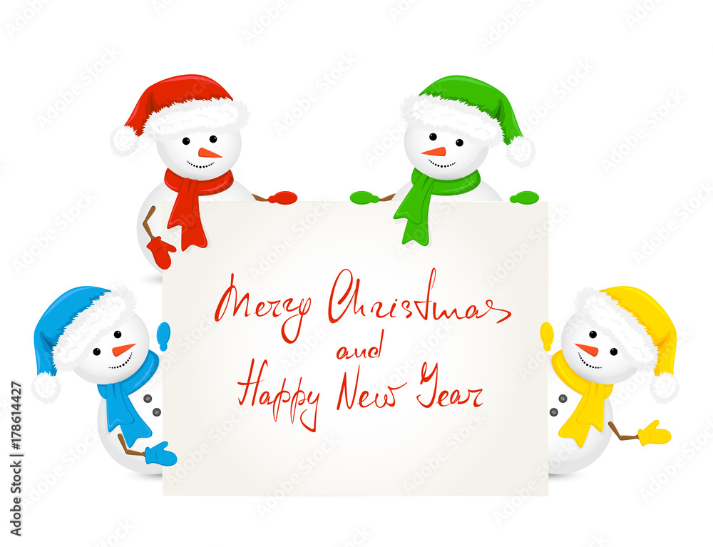 Snowmen holding card with text Merry Christmas and Happy New Year Snowmen holding card with text Merry Christmas and Happy New Year