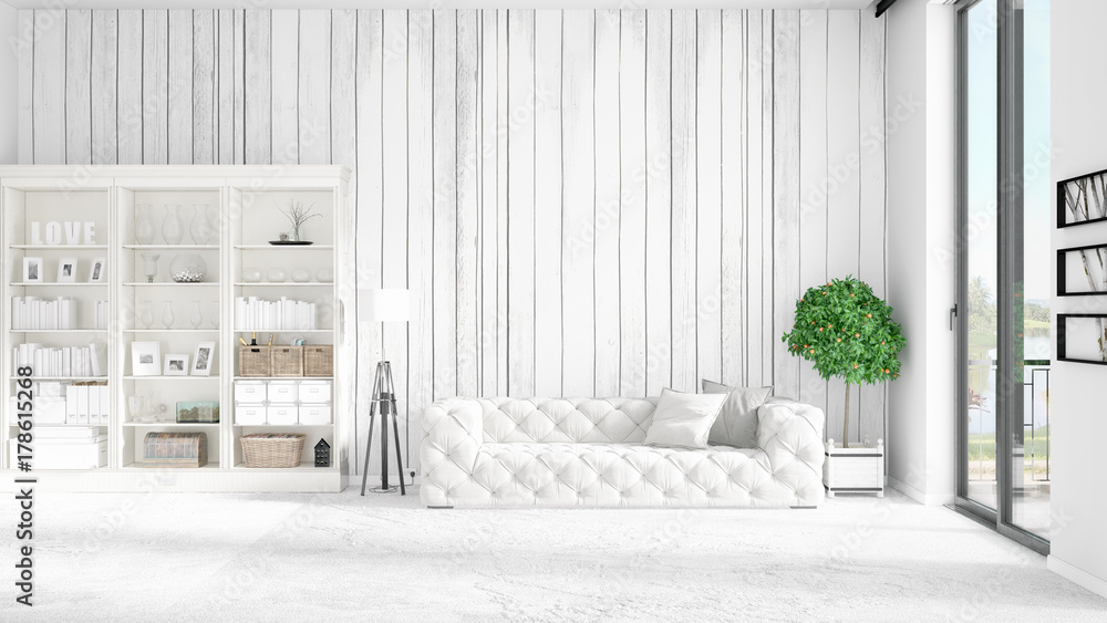 Modern loft interior in vogue with white couch and copyspace in horizontal arrangement. 3D rendering. Modern loft interior in vogue with white couch and copyspace in horizontal arrangement. 3D rendering.