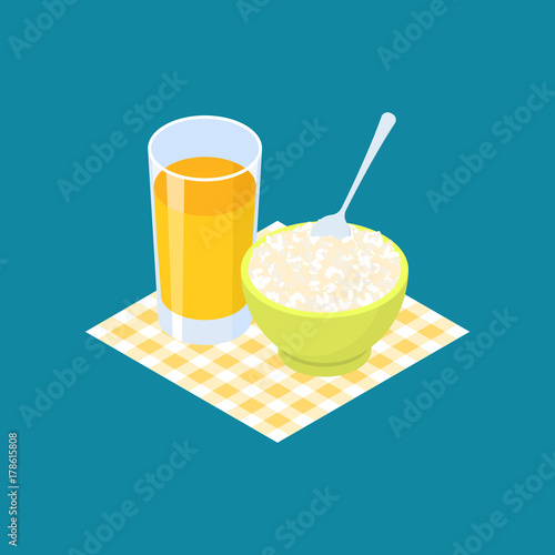 Round rice Porridge and fruit juice. Breakfast Healthy food. Vector illustration